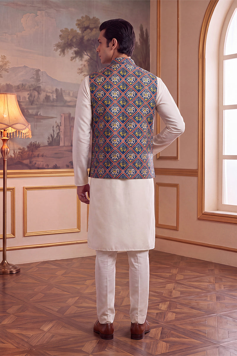 Blue Silk Blend Patola Print Mandarine Collar Koti MKOT1049