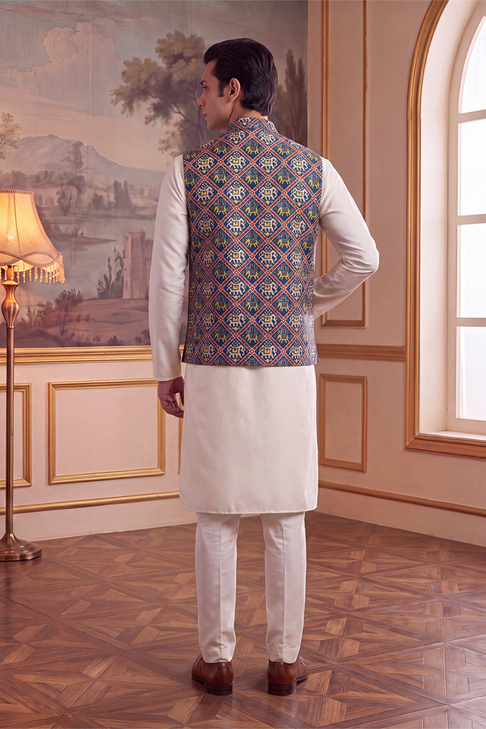 Blue Silk Blend Patola Print Mandarine Collar Koti MKOT1049