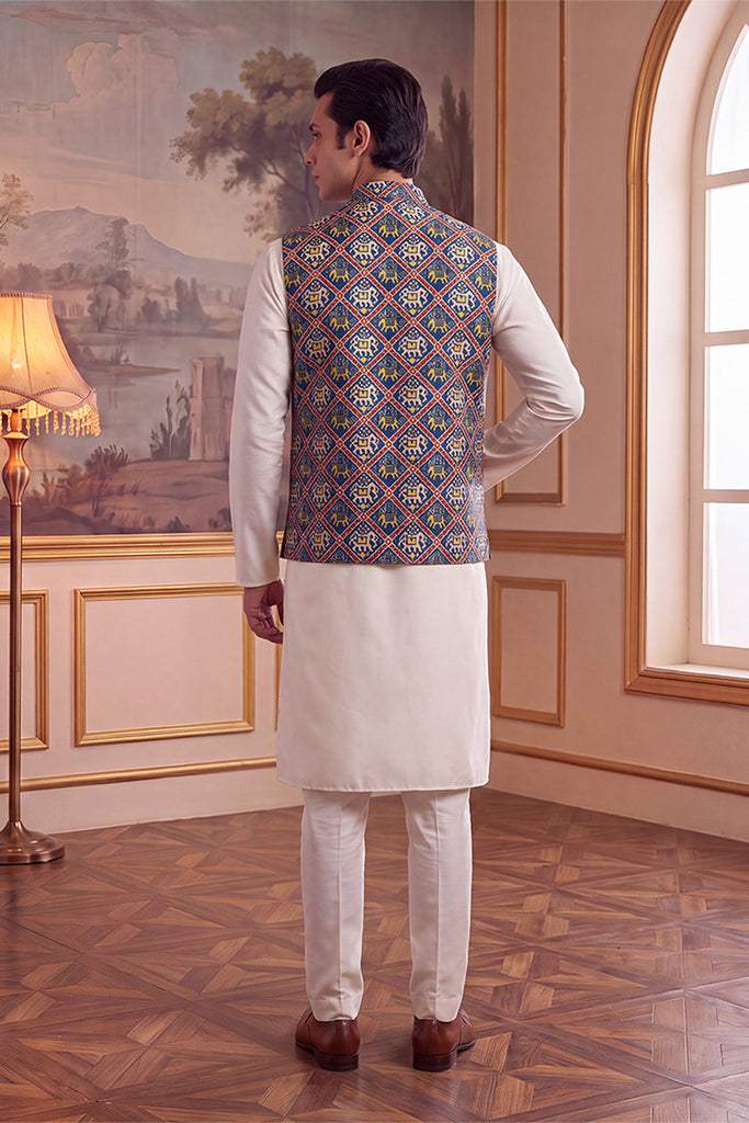 Blue Silk Blend Patola Print Mandarine Collar Koti MKOT1049