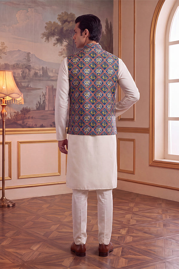 Blue Silk Blend Patola Print Mandarine Collar Koti MKOT1049