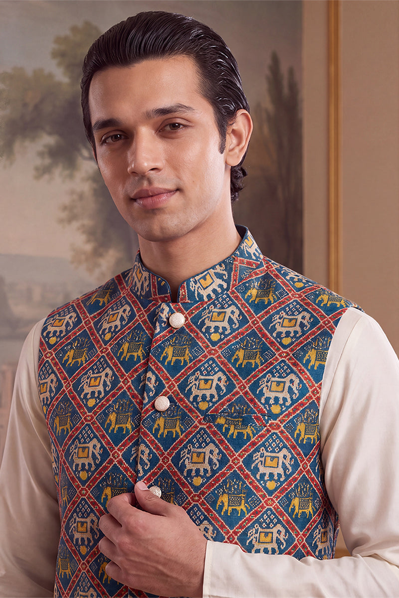 Blue Silk Blend Patola Print Mandarine Collar Koti MKOT1049