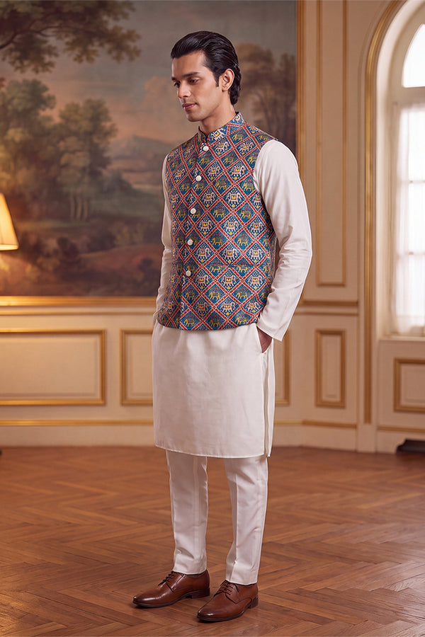 Blue Silk Blend Patola Print Mandarine Collar Koti MKOT1049