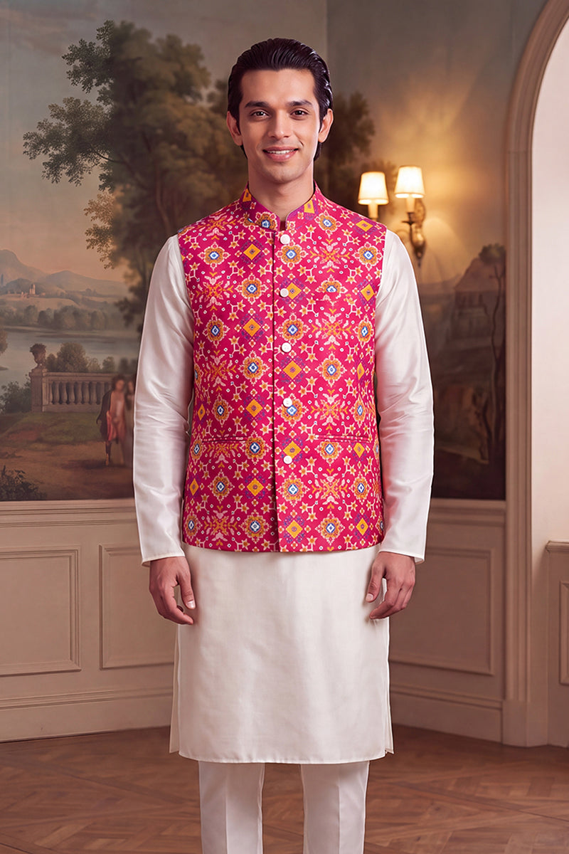 Pink Silk Blend Patola Print Mandarine Collar Koti MKOT1051