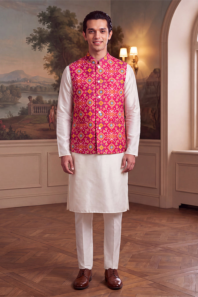 Pink Silk Blend Patola Print Mandarine Collar Koti MKOT1051