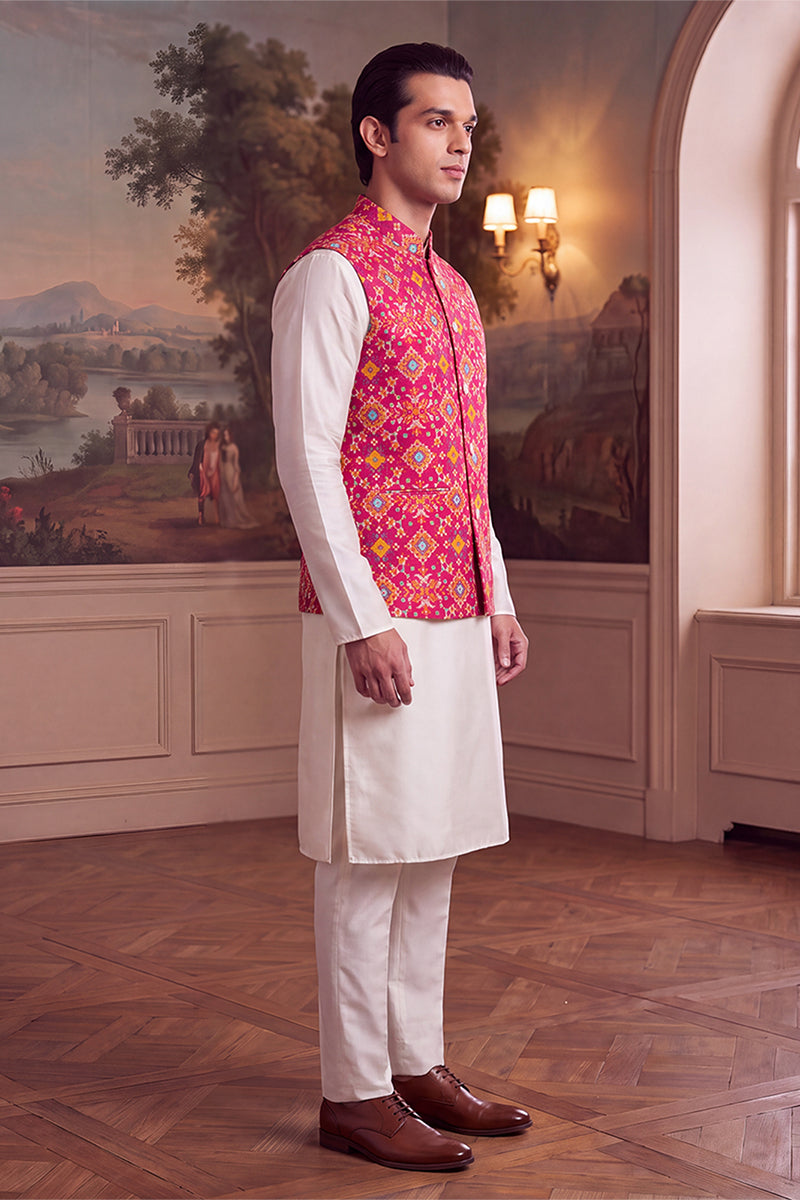 Pink Silk Blend Patola Print Mandarine Collar Koti MKOT1051