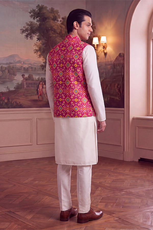 Pink Silk Blend Patola Print Mandarine Collar Koti MKOT1051