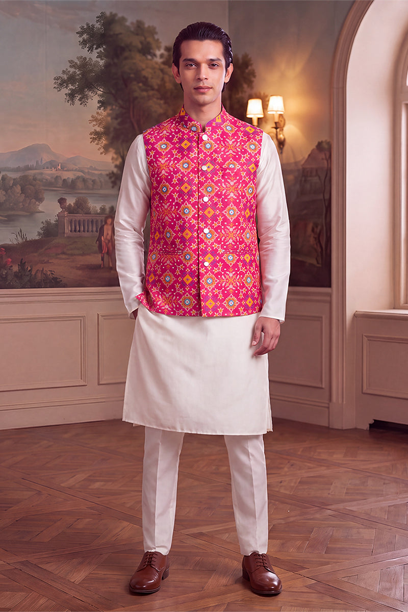Pink Silk Blend Patola Print Mandarine Collar Koti MKOT1051