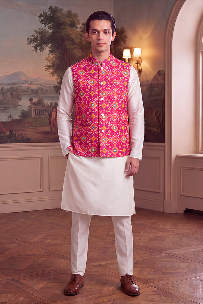 Pink Silk Blend Patola Print Mandarine Collar Koti MKOT1051