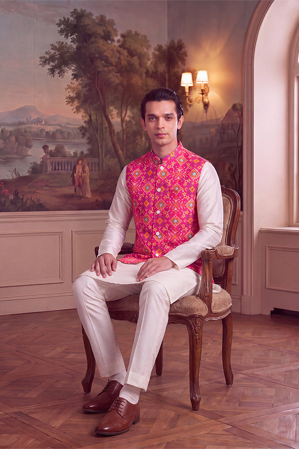 Pink Silk Blend Patola Print Mandarine Collar Koti MKOT1051