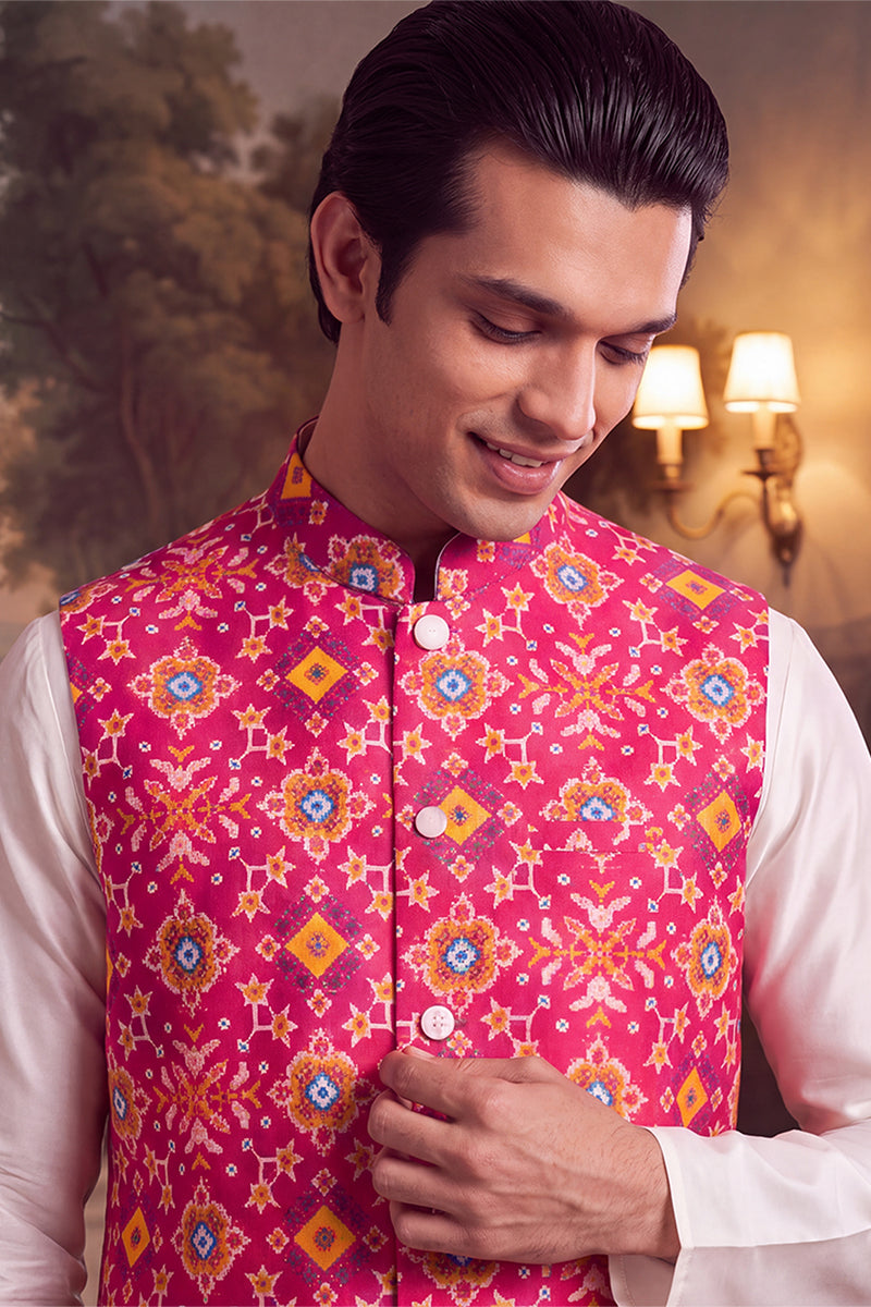 Pink Silk Blend Patola Print Mandarine Collar Koti MKOT1051