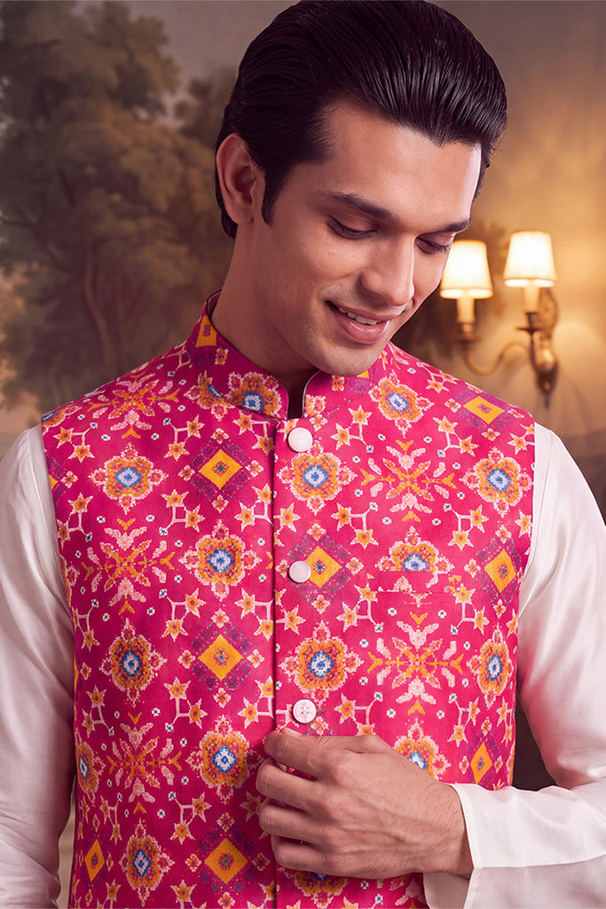 Pink Silk Blend Patola Print Mandarine Collar Koti MKOT1051