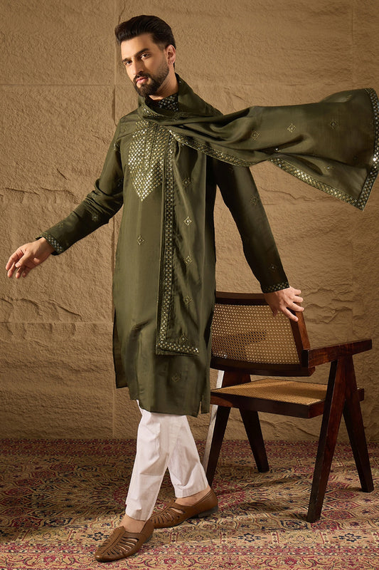 Green Silk Blend Embroidered Straight Kurta Trouser with Dupatta MKPD1001
