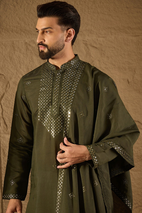 Green Silk Blend Embroidered Straight Kurta Trouser with Dupatta MKPD1001