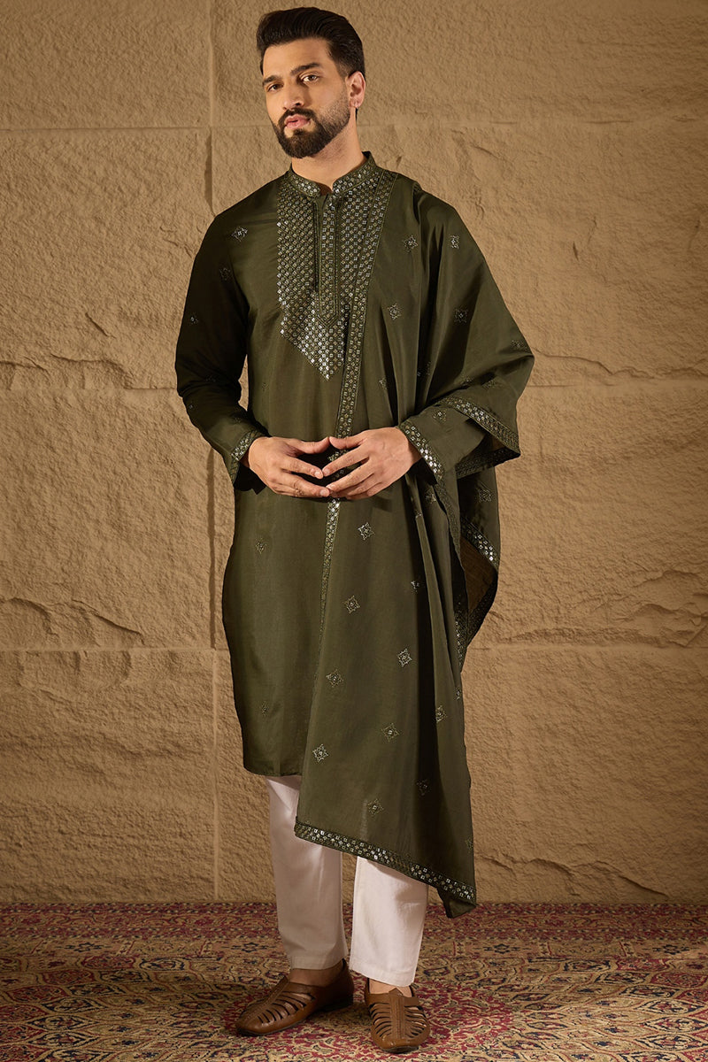 Green Silk Blend Embroidered Straight Kurta Trouser with Dupatta MKPD1001