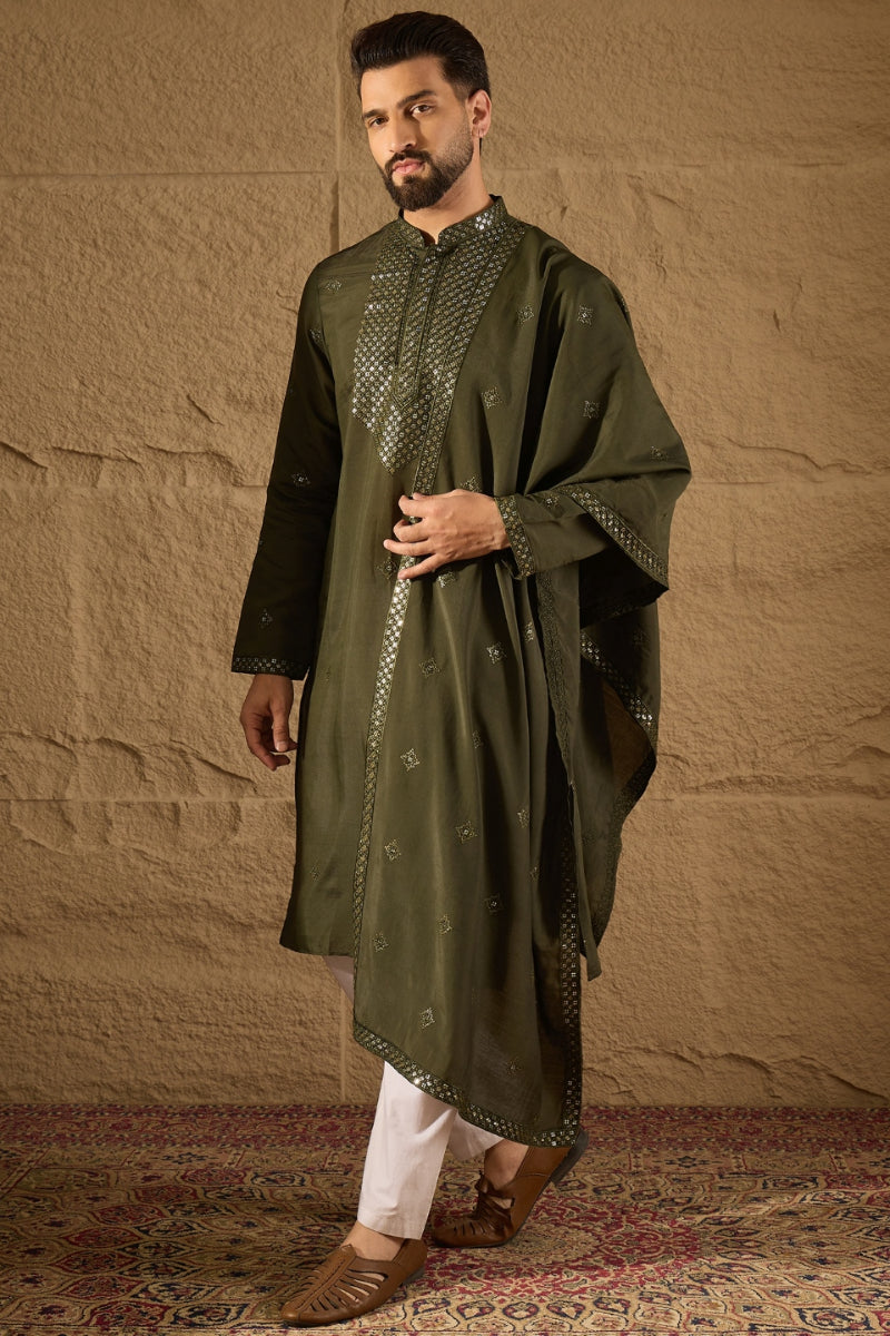 Green Silk Blend Solid Embroidered Straight Kurta with Dupatta MKUD1001