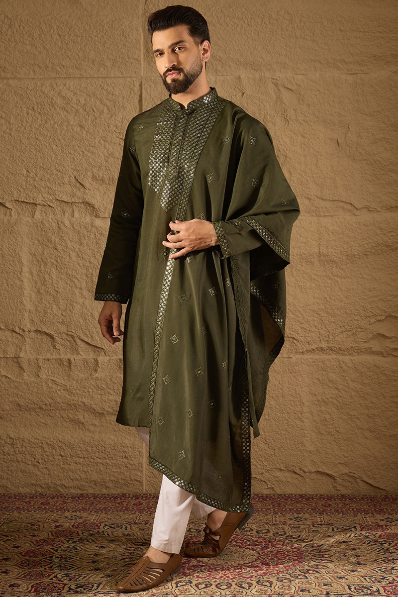 Green Silk Blend Embroidered Straight Kurta Trouser with Dupatta MKPD1001