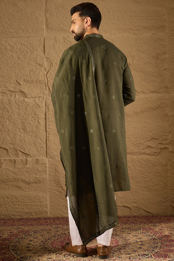 Green Silk Blend Solid Embroidered Straight Kurta with Dupatta MKUD1001