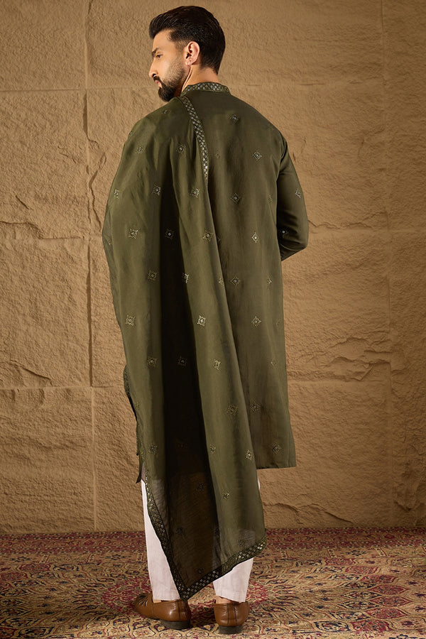 Green Silk Blend Embroidered Straight Kurta Trouser with Dupatta MKPD1001