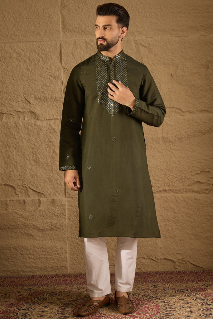 Green Silk Blend Solid Embroidered Straight Kurta with Dupatta MKUD1001