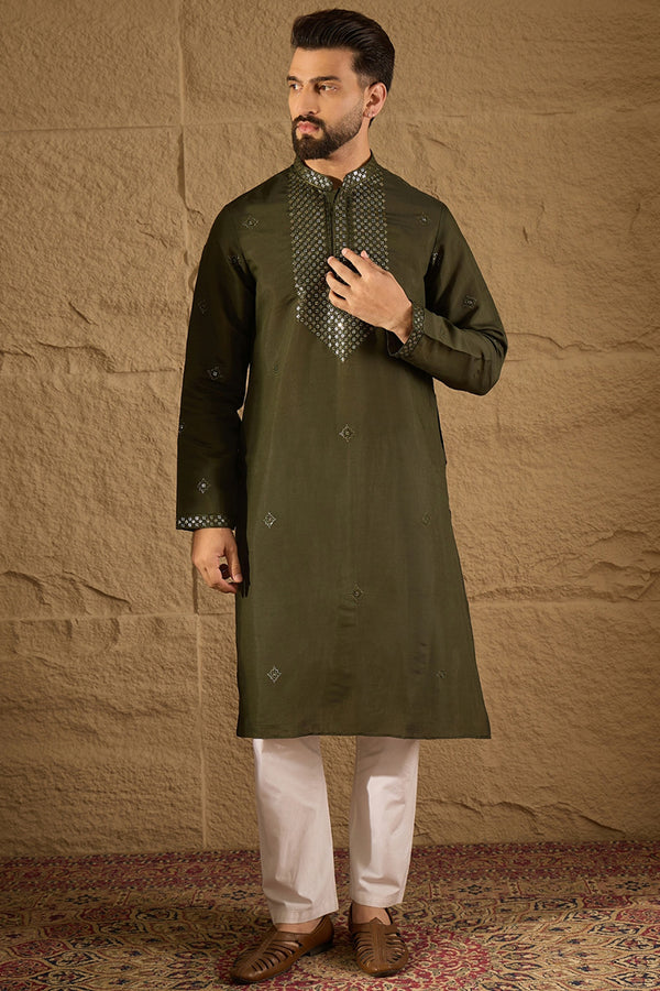 Green Silk Blend Embroidered Straight Kurta Trouser with Dupatta MKPD1001