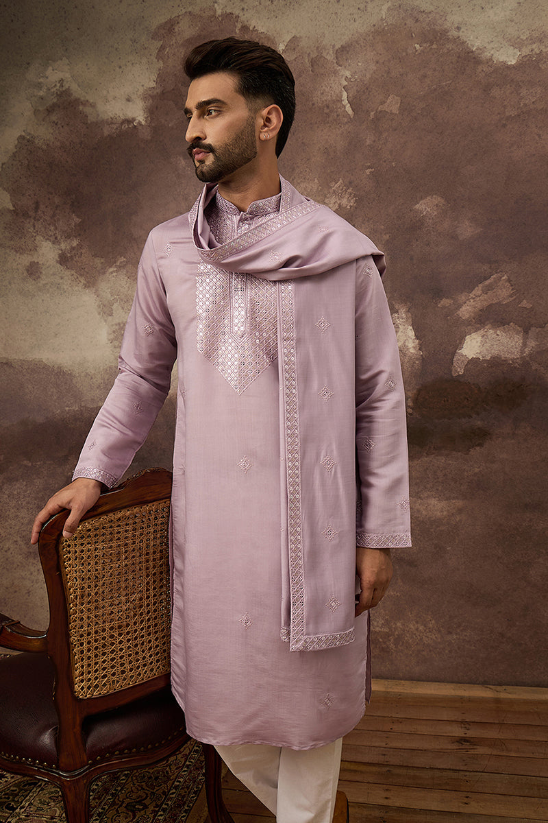 Lavender Silk Blend Embroidered Straight Kurta Trouser with Dupatta MKPD1002