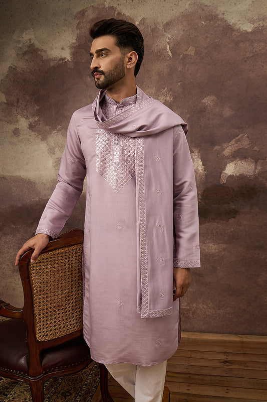 Lavender Silk Blend Embroidered Straight Kurta Trouser with Dupatta MKPD1002