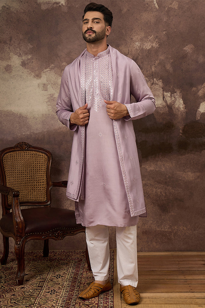 Lavender Silk Blend Solid Embroidered Straight Kurta with Dupatta MKUD1002