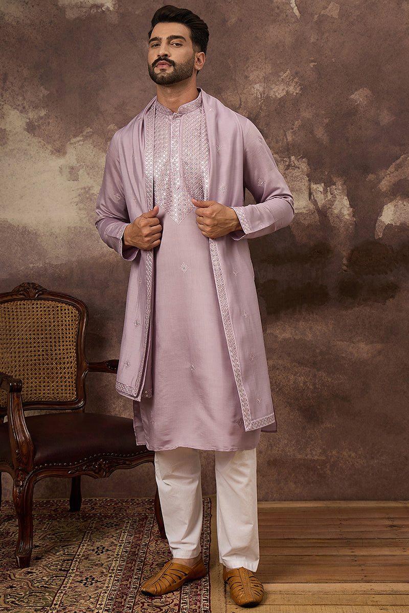 Lavender Silk Blend Embroidered Straight Kurta Trouser with Dupatta MKPD1002