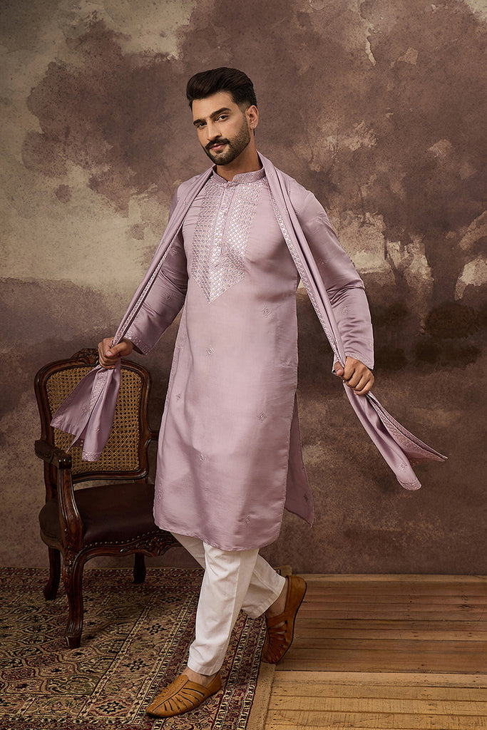 Lavender Silk Blend Embroidered Straight Kurta Trouser with Dupatta MKPD1002