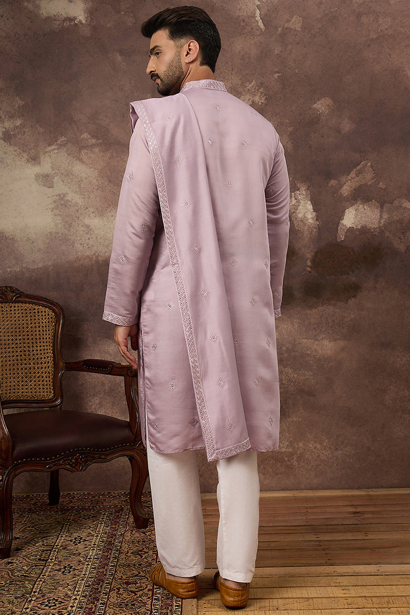 Lavender Silk Blend Embroidered Straight Kurta Trouser with Dupatta MKPD1002