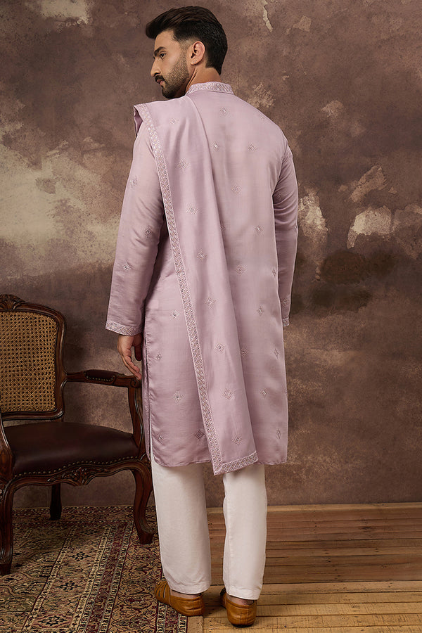 Lavender Silk Blend Embroidered Straight Kurta Trouser with Dupatta MKPD1002