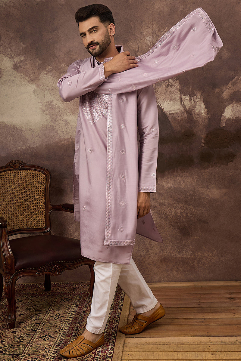 Lavender Silk Blend Solid Embroidered Straight Kurta with Dupatta MKUD1002