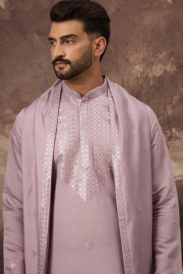Lavender Silk Blend Embroidered Straight Kurta Trouser with Dupatta MKPD1002