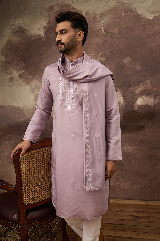 Lavender Silk Blend Solid Embroidered Straight Kurta with Dupatta MKUD1002