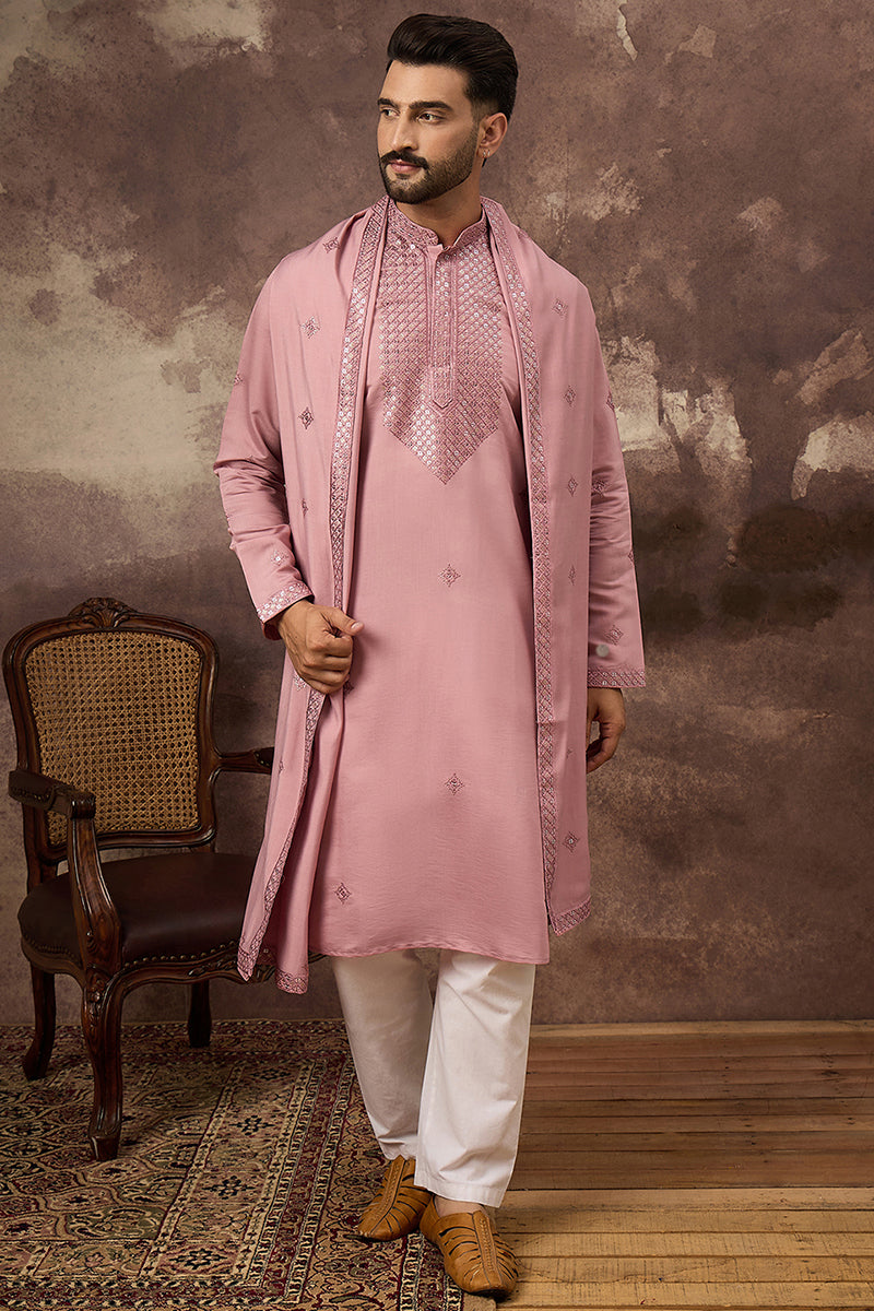 Pink Silk Blend Embroidered Straight Kurta Trouser with Dupatta MKPD1003