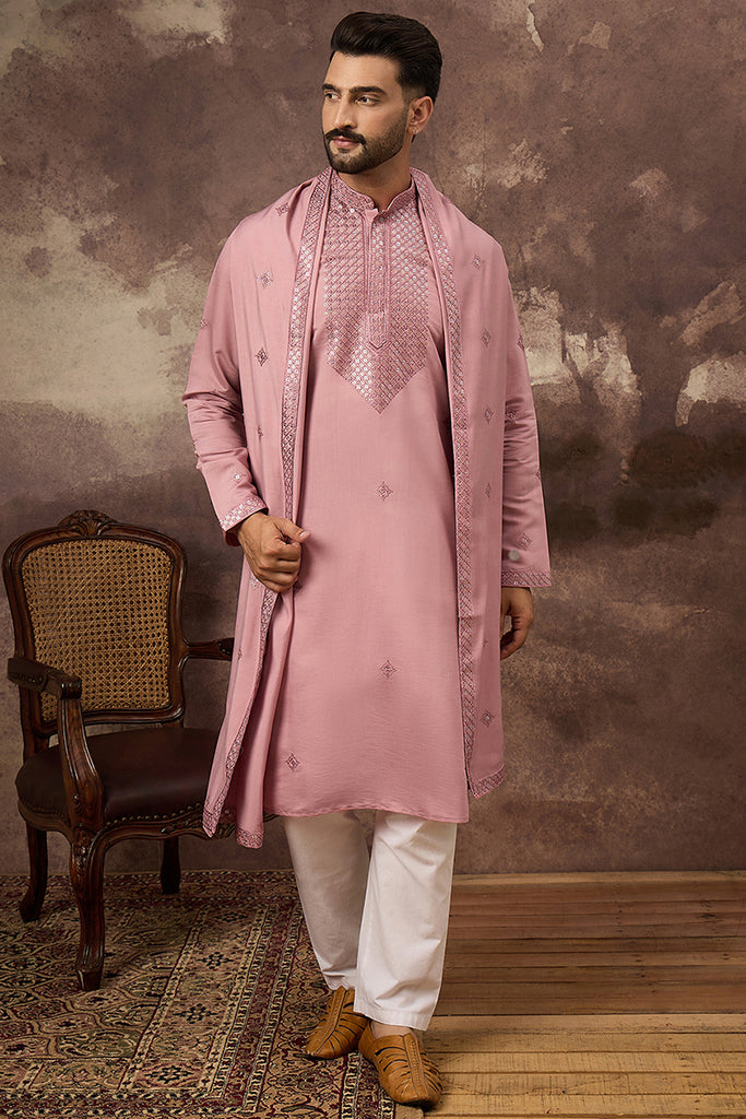 Pink Silk Blend Embroidered Straight Kurta Trouser with Dupatta MKPD1003