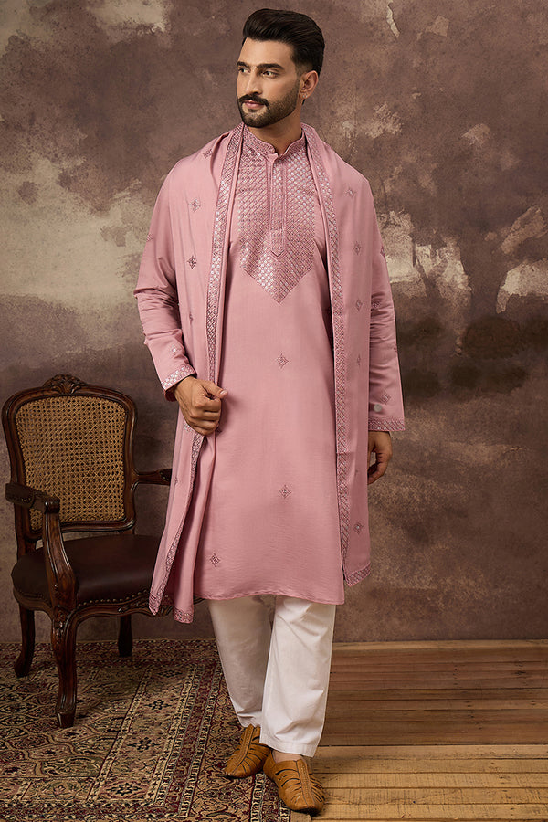 Pink Silk Blend Embroidered Straight Kurta Trouser with Dupatta MKPD1003