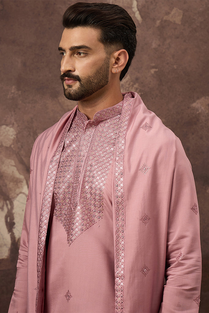 Pink Silk Blend Solid Embroidered Straight Kurta with Dupatta MKUD1003