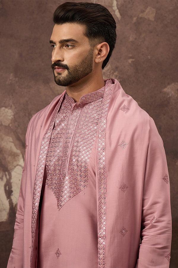 Pink Silk Blend Solid Embroidered Straight Kurta with Dupatta MKUD1003