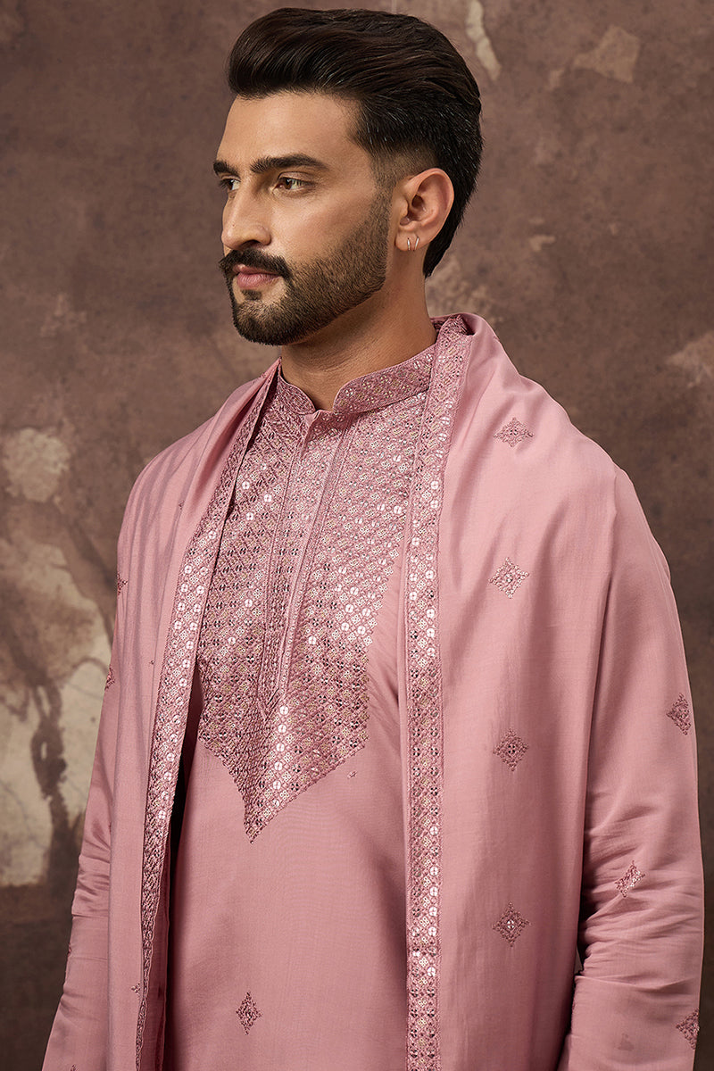 Pink Silk Blend Embroidered Straight Kurta Trouser with Dupatta MKPD1003