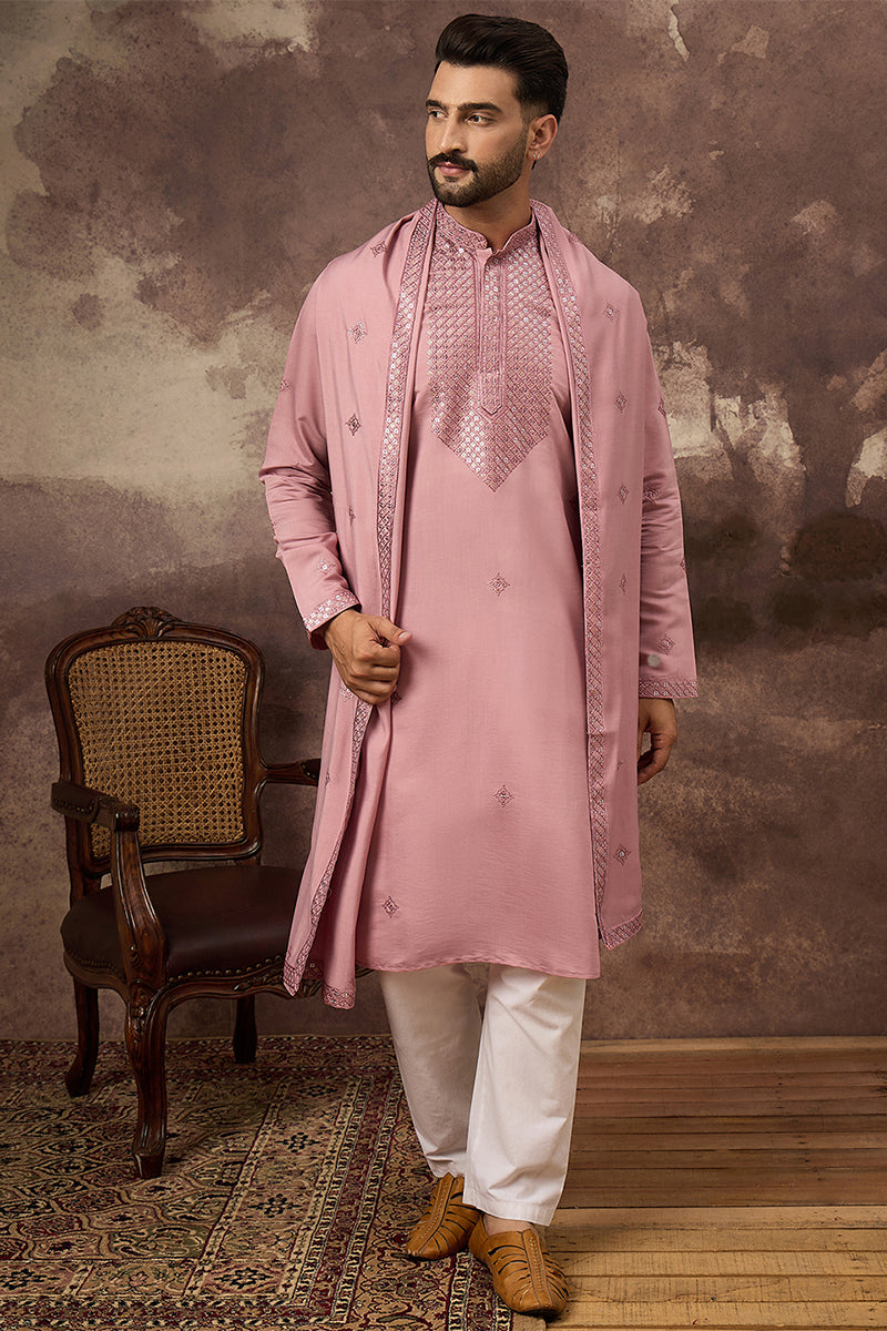 Pink Silk Blend Solid Embroidered Straight Kurta with Dupatta MKUD1003