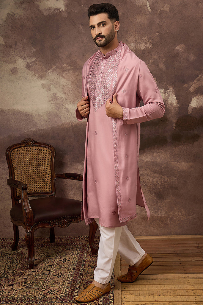 Pink Silk Blend Embroidered Straight Kurta Trouser with Dupatta MKPD1003