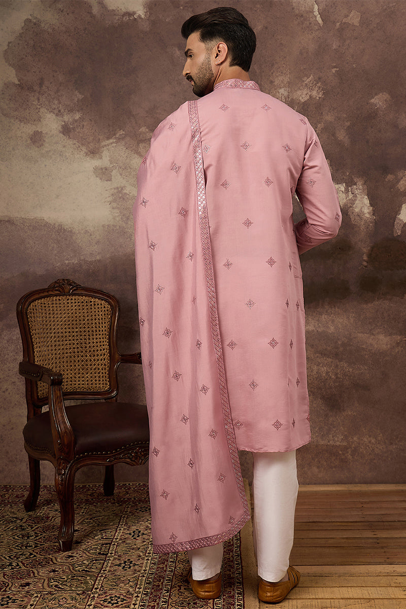 Pink Silk Blend Solid Embroidered Straight Kurta with Dupatta MKUD1003