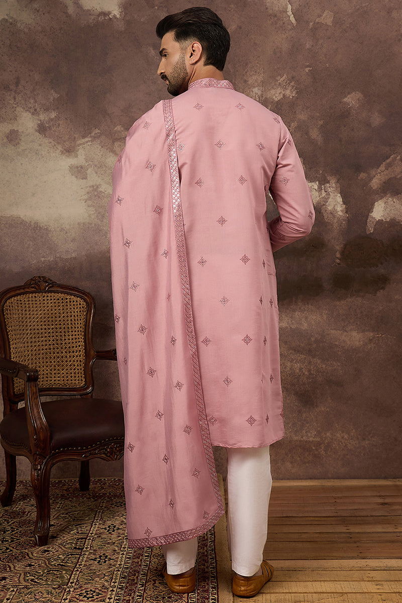 Pink Silk Blend Embroidered Straight Kurta Trouser with Dupatta MKPD1003