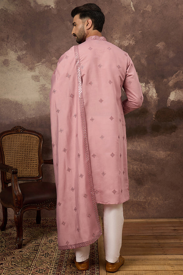 Pink Silk Blend Embroidered Straight Kurta Trouser with Dupatta MKPD1003