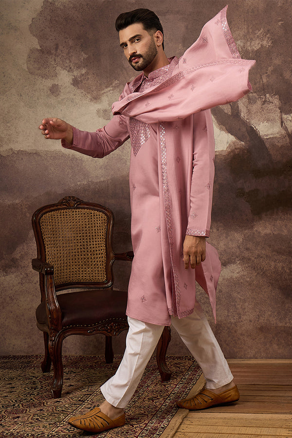 Pink Silk Blend Solid Embroidered Straight Kurta with Dupatta MKUD1003