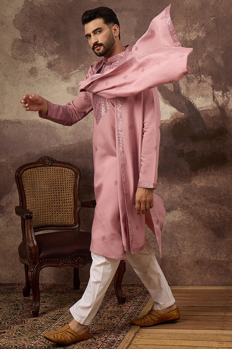 Pink Silk Blend Embroidered Straight Kurta Trouser with Dupatta MKPD1003