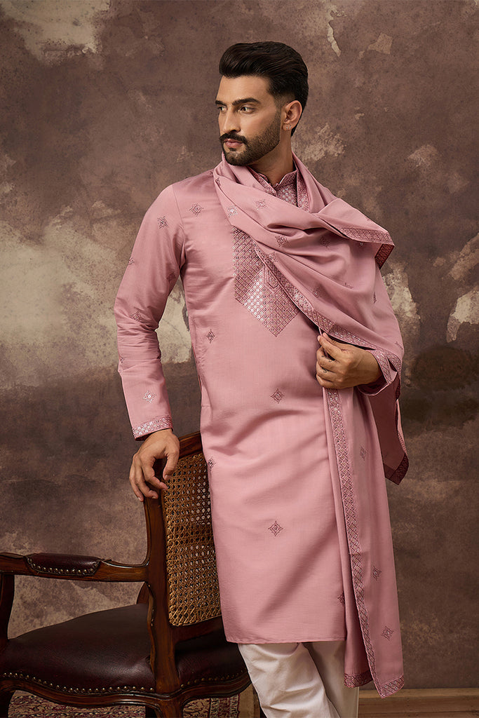 Pink Silk Blend Solid Embroidered Straight Kurta with Dupatta MKUD1003