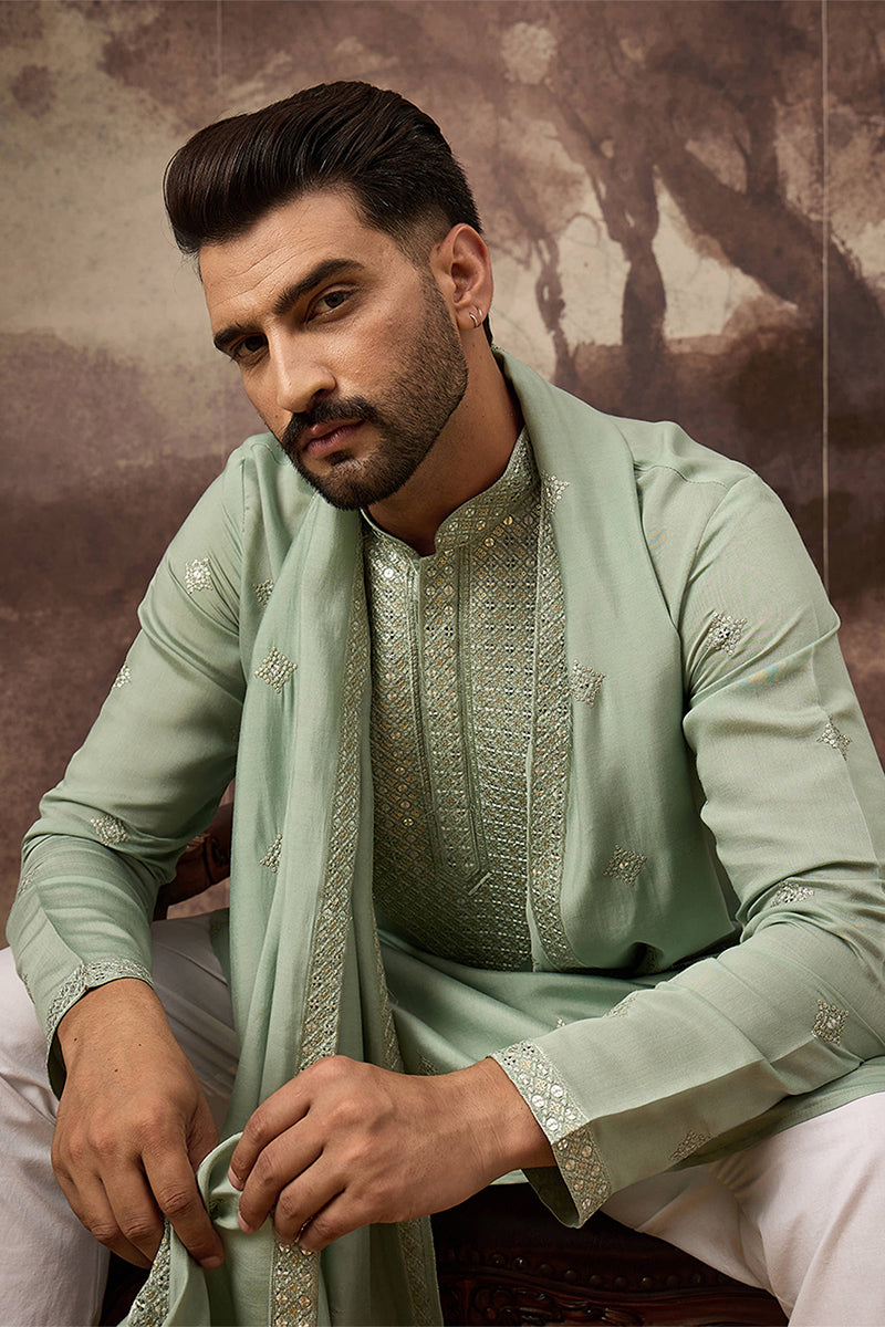 Green Silk Blend Embroidered Straight Kurta Trouser with Dupatta MKPD1004