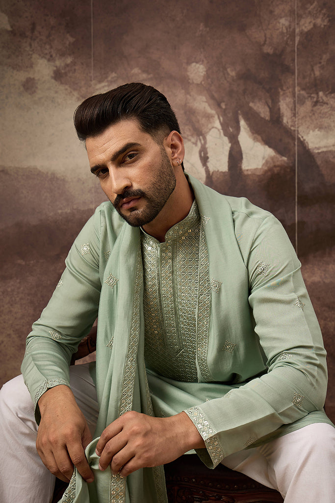 Green Silk Blend Solid Embroidered Straight Kurta with Dupatta MKUD1004